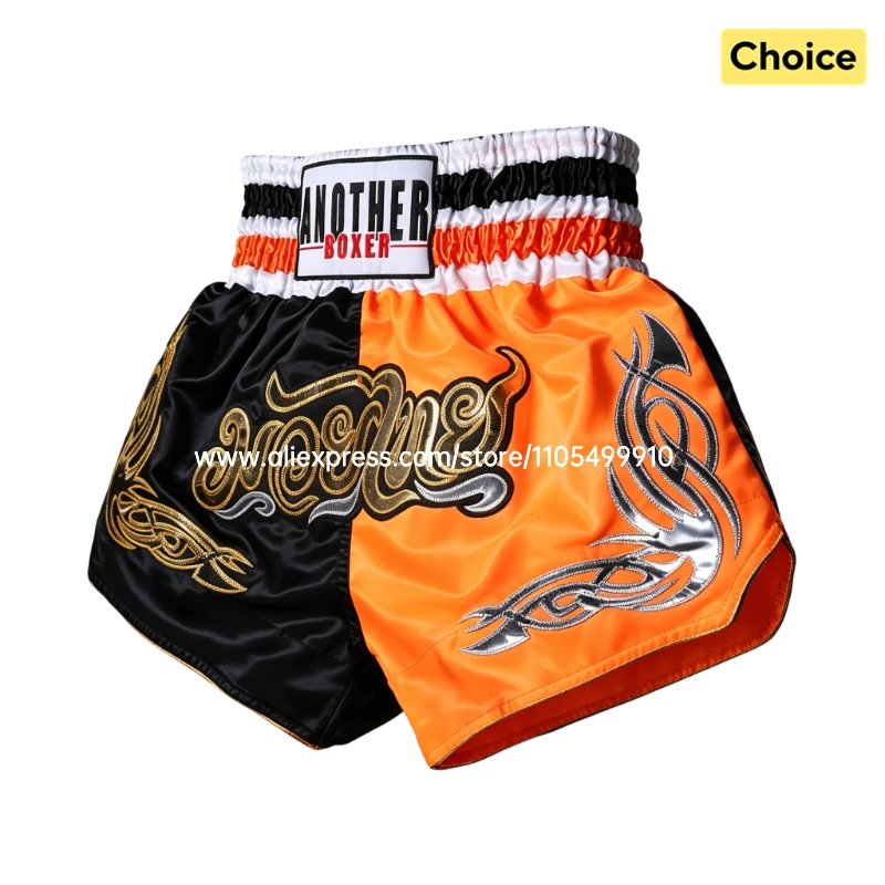 Boxing Trunks with Embroidery Muay Thai Shorts Elastic Waist Satin Kickboxing Shorts for Martial Arts Training & Combat Sports