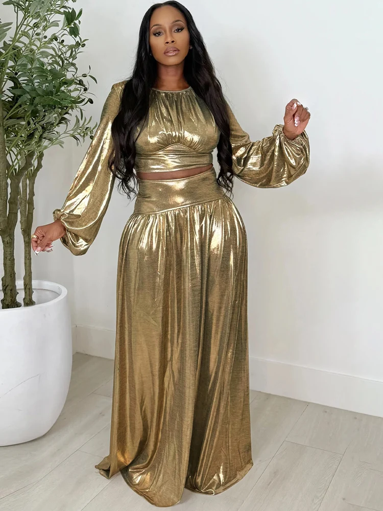 Kricesseen Elegant Metallic Gold Two Piece Set Women Ruched Crop Top&High Waist Pleated Skirt Set Metallic Party Co-ord Outfit