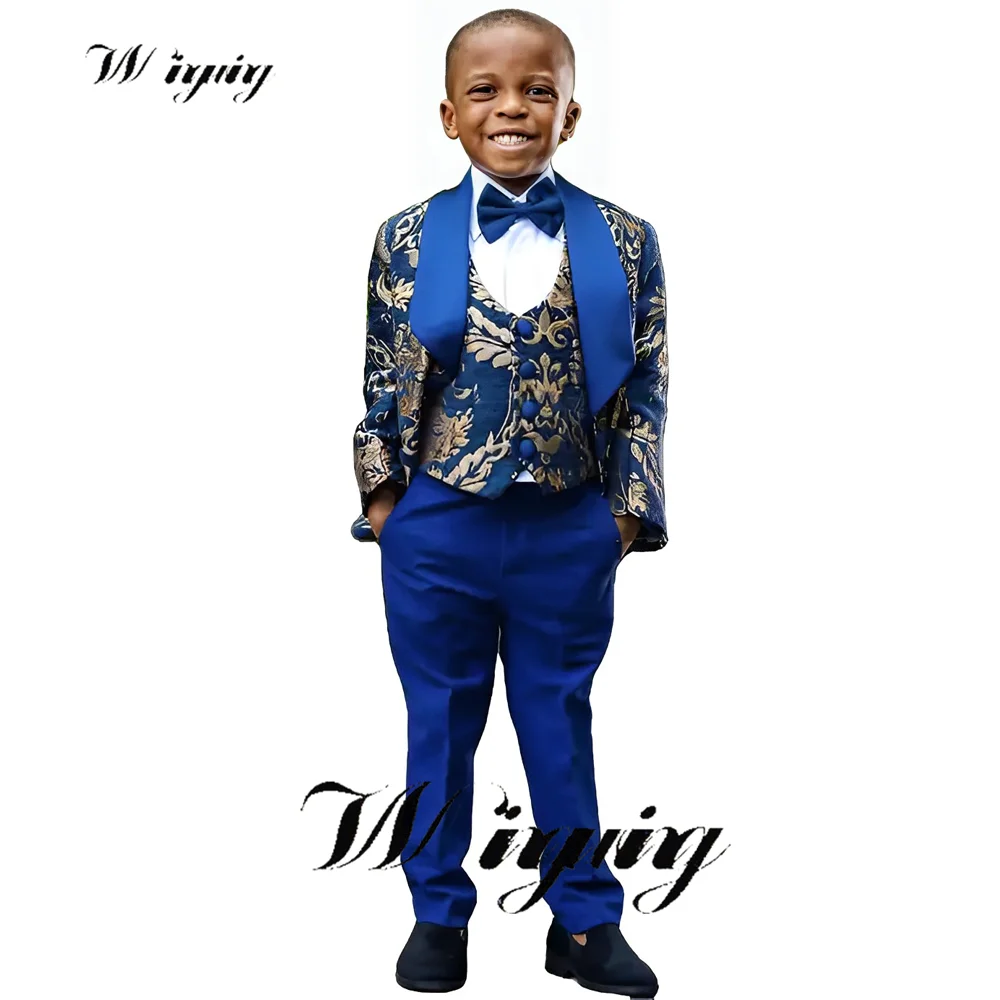 Royal Blue Print Blazer Vest Pants 3 Piece Sets Kids Clothes Party Suit For Boys Paisley Children Outfit Wedding Boys Suits