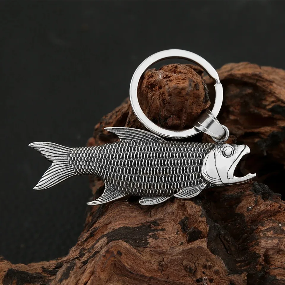 New Punk 316L Stainless Steel Fish Keychain Vintage Silver Color Antique Metal Animal Clasp Keyring Car Key Fashion Accessories