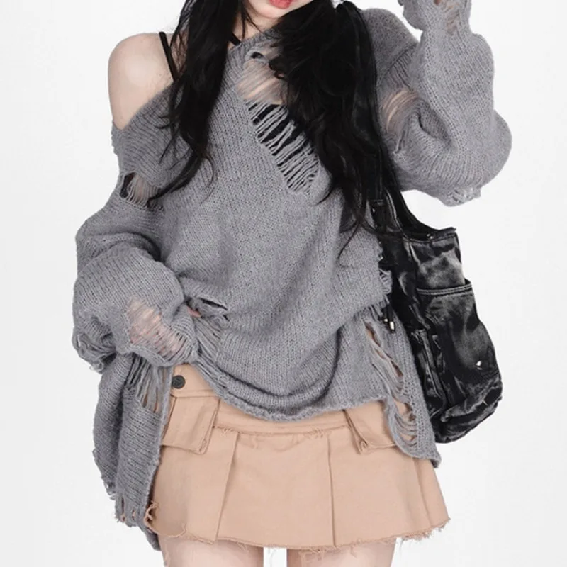 

Loose Long Sve Women's Knitted Sweater oulder Bared Lazy Sle Casual Hollow out Knitwear Spring Summer Korean Faion