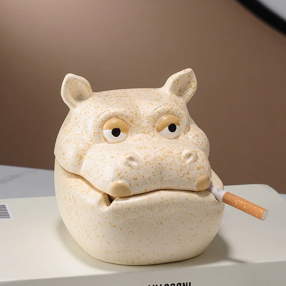 Ceramic Hippo-shaped Ashtray with Cover To Prevent Fly Ash Home Living Room Creative Office Luxury Decoration Accessories