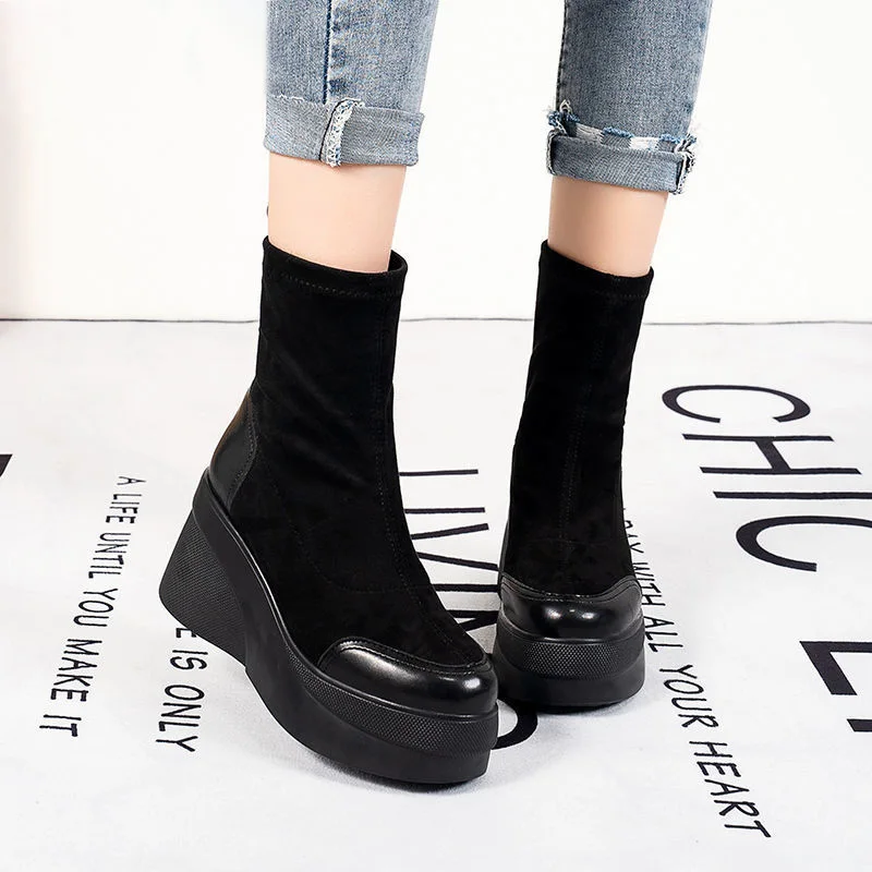 Autumn Spring Women Shoes Woman Platform Boots Fashion Round Toe Ankle Boots 2023 Winter Elastic Black Wedge Comfortable Botas