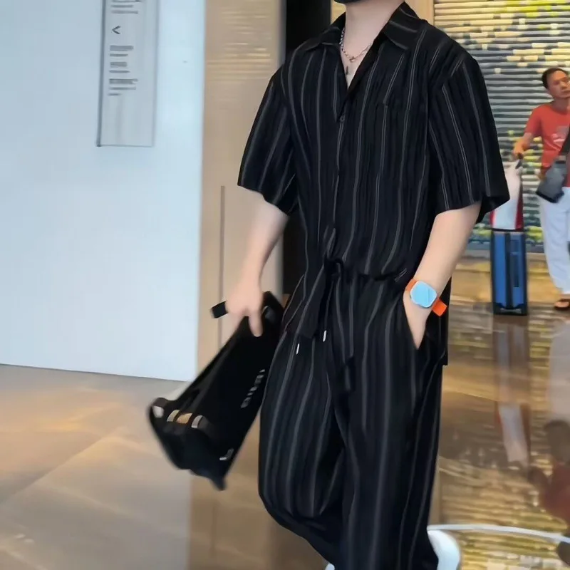 Unisex Striped Shirt Set Men Summer Loose Non Ironing Shirt+casual Pants Two-piece Set Sweatpants Blouse Tracksuit Men