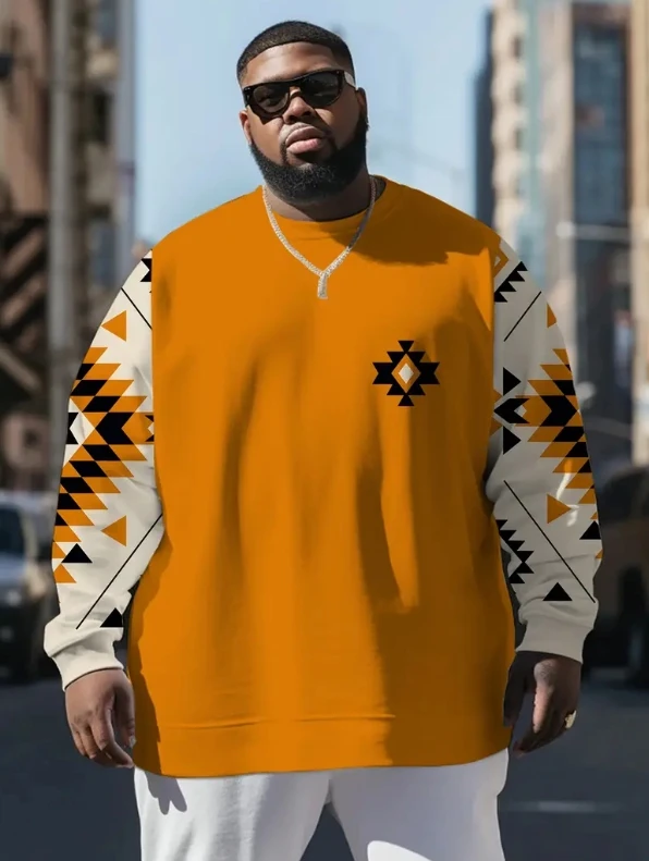 autumn hoodie men's loose and fashionable printed sweater plus size long sleeved top casual retro trend round neck shirt