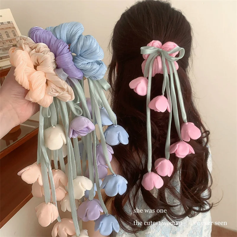 

Large Intestine Hair Band Girl Headwear High-end Tassel Ribbon Ethereal Hair Accessory Sweet Lily of The Valley Flower Hair Tie