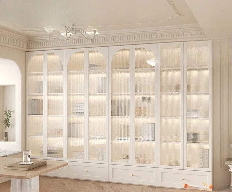 

Customized French cream wind full wall bookcase bookshelf integrated combination household with door whole wall floor locker
