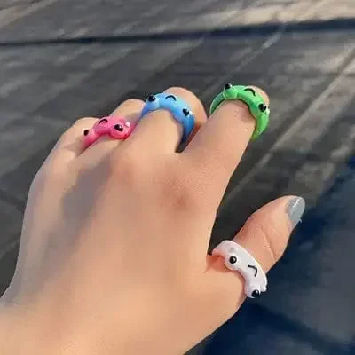 Popular Cute Clay Acrylic Plastic Small Block Ring For Women Vintage Matching Stackable Frog Animal Rings Girls Friendship Gift