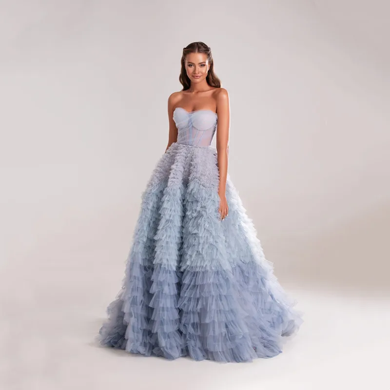 Aleeshuo Sky Blue Ball Gown Prom Dress Strapless Tulle  Backless فساتين السهرة Elegant Backless Lace Up Long Train Evening Dress