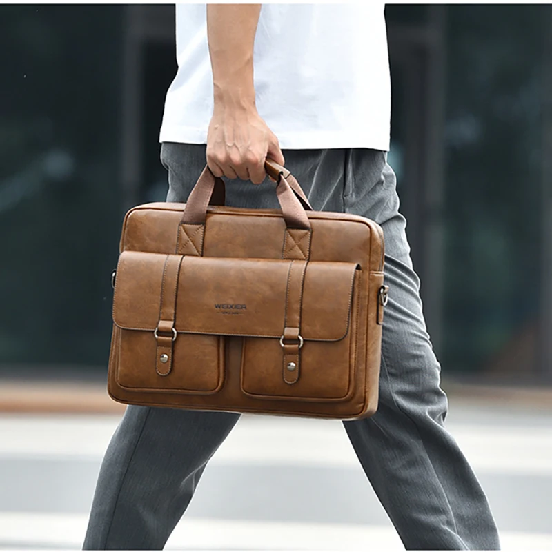 Men'S Vintage Briefcase 15.6 Inch Laptop PU Leather Shoulder Executive Business Messenger Office Portable Document Bag Male