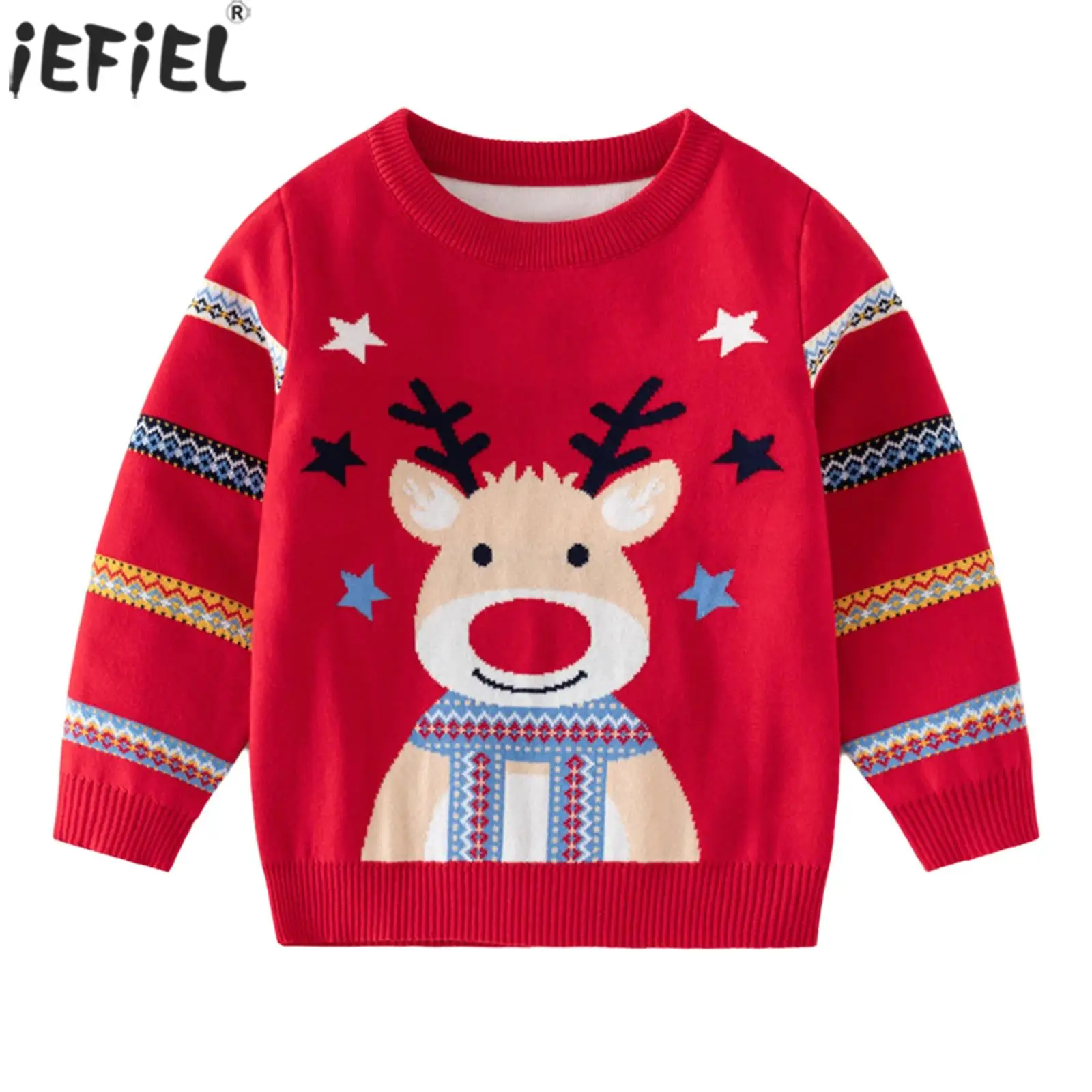 Kids Girls Boys Christmas Soft Cotton Sweater Top Scoop Neck Long Sleeve Xmas Reindeer Pattern Warm Knitwear Sweatshirt Pullover