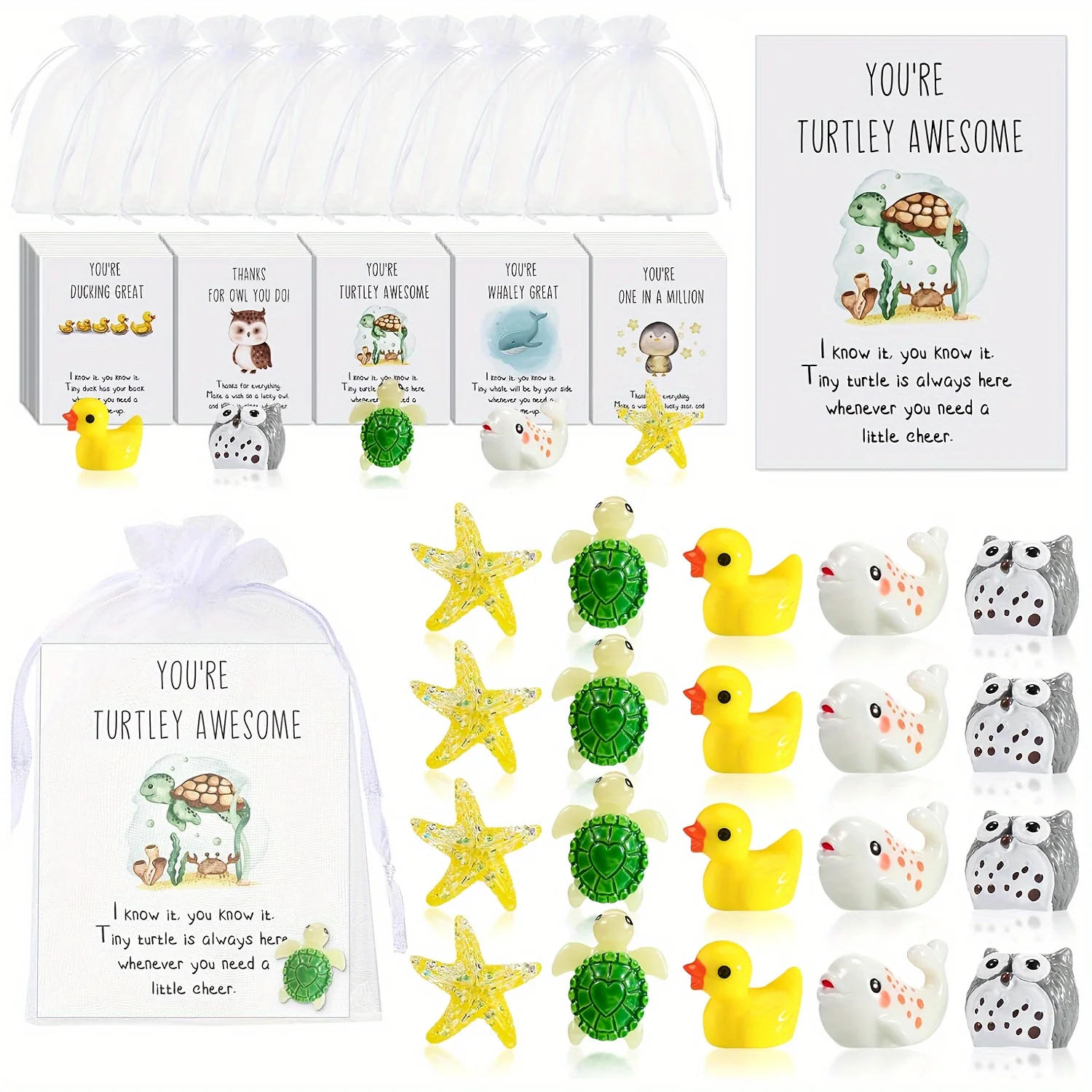 Employee Appreciation Gifts, Coworkers Thank You Staff Gift with Animal Pun Note Cards Funny Resin Turtles Owls