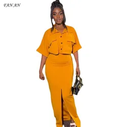 Fashion Women 2024 Summer Autumn New Solid Color Lapel Short Shirt Top Split Buttock Half Skirt Set Ladies Two-piece Set