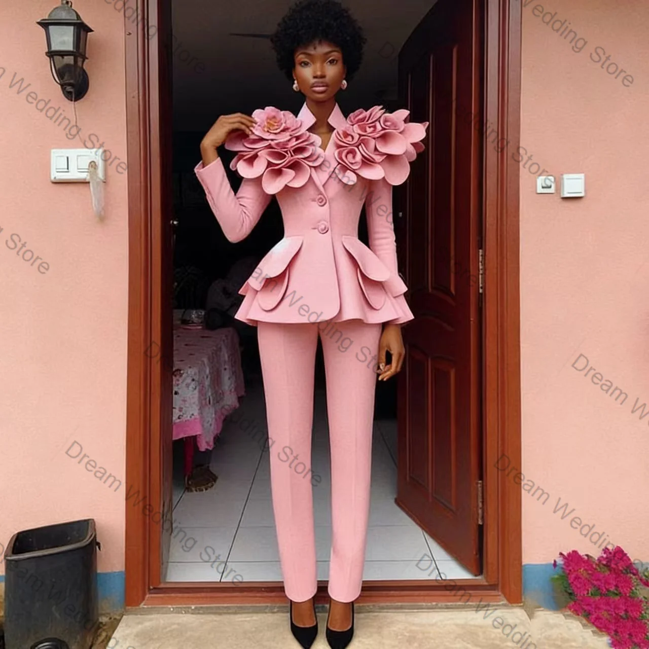 

Pink Women Suit Set 2 Pcs Blazer+Pants Trousers 3D Flower Spring Formal Office Lady Jacket Customized Wedding Guest Coat