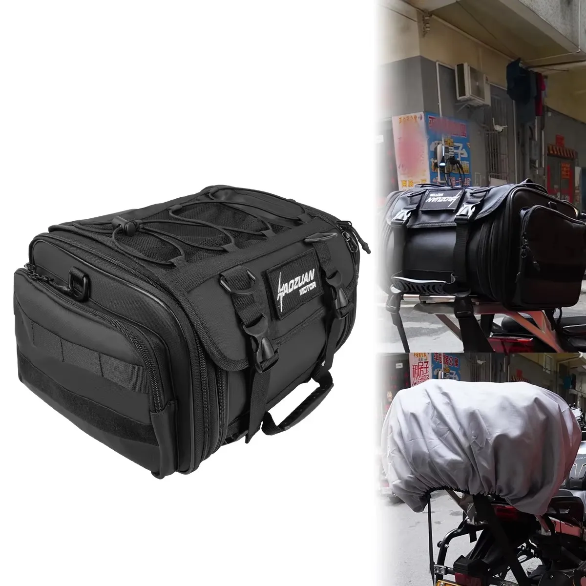 Expandable Motorcycle Tail Bag Motorcycle Rear Seat Bag with Waterproof Rain Cover Motorbike Helmet Bag Luggage