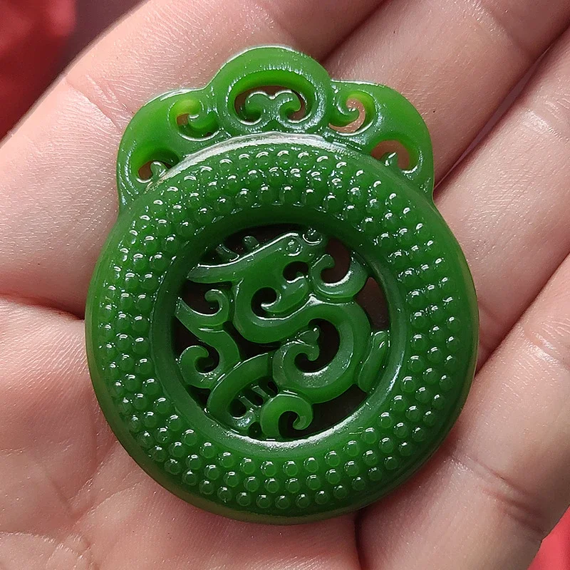 الطبيعية الصينية الأخضر اليشم الجوف قلادة على شكل تنين Ruyi السلام قفل الرجال والنساء اليشم قلادة مجوهرات الأزياء تميمة محظوظ #4