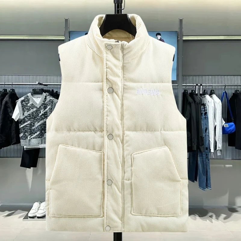 

New Men's Winter Corduroy Vest Stand Collar Thermal Jacket with Layered Design Trendy Insulated Winter Coat for Men