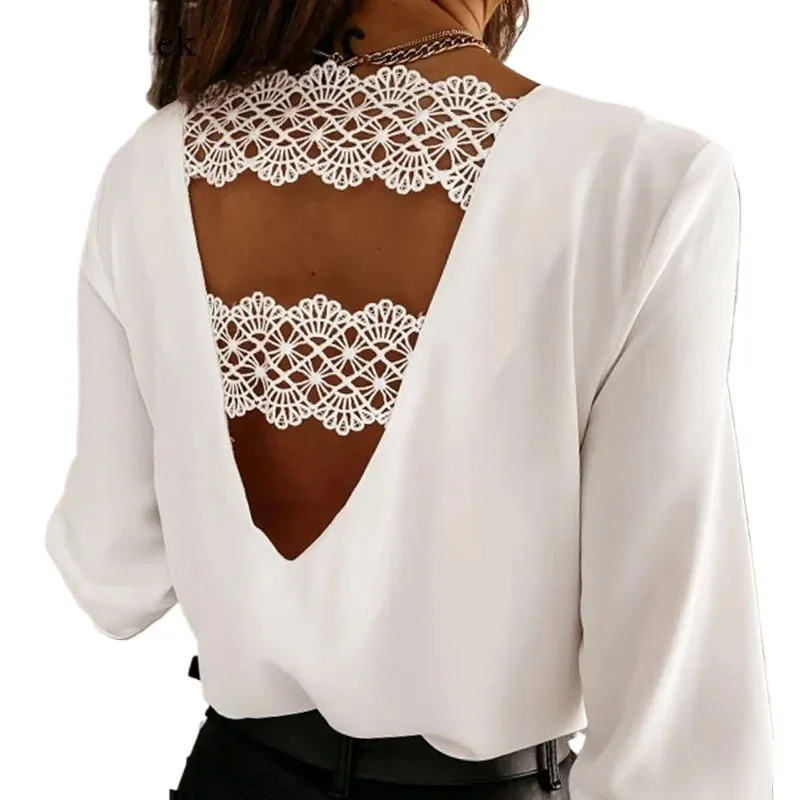 2024 Back V-shaped Hollow Lace Stitching Pullover White Blouse Fashion Sexy V-neck Autumn and Winter Long-sleeved Shirt  12460