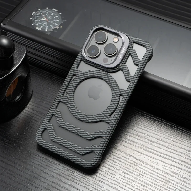 For IPhone 16 Mobile Phone Case with Lens Holder Kevlar Carbon Fiber Pattern Protective Cover