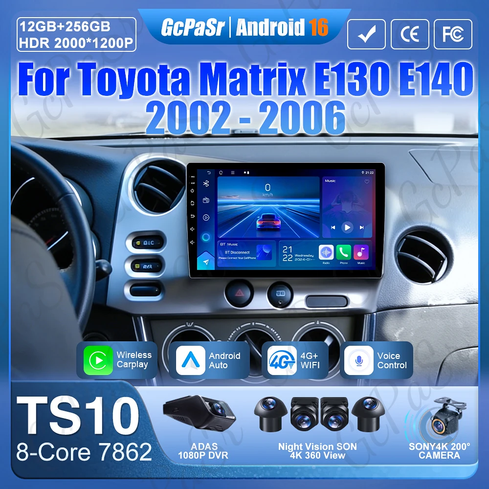 Android 16 Car Radio Carplay For Toyota Matrix E130 E140 2002 - 2006 GPS Navigation Stereo Multimedia Player Video Android Auto
