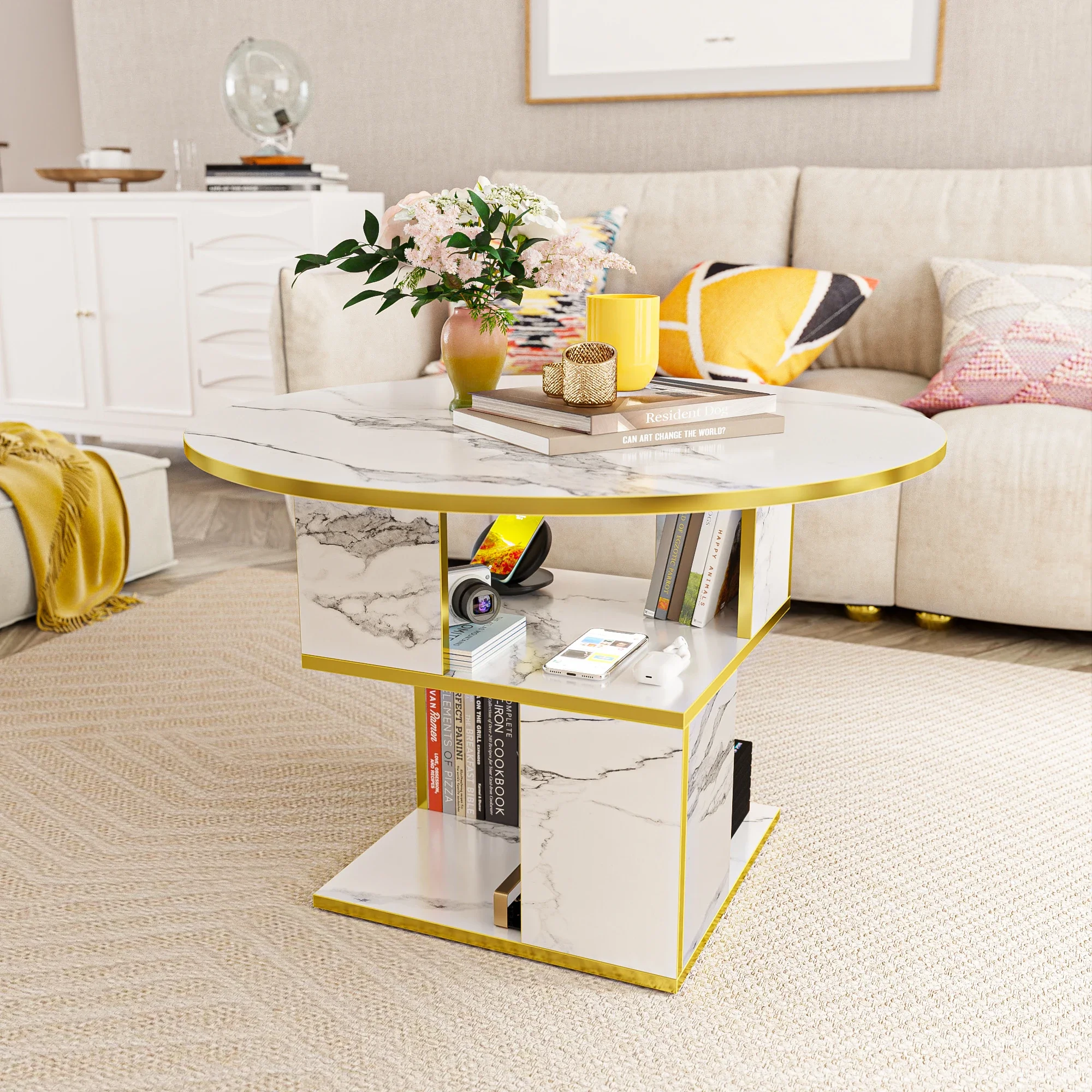 Z 3-Tier Round Coffee Table With Storage Modern Coffee Table For Living Room Wooden Tabletop-Marble White With Gold Frame Home U