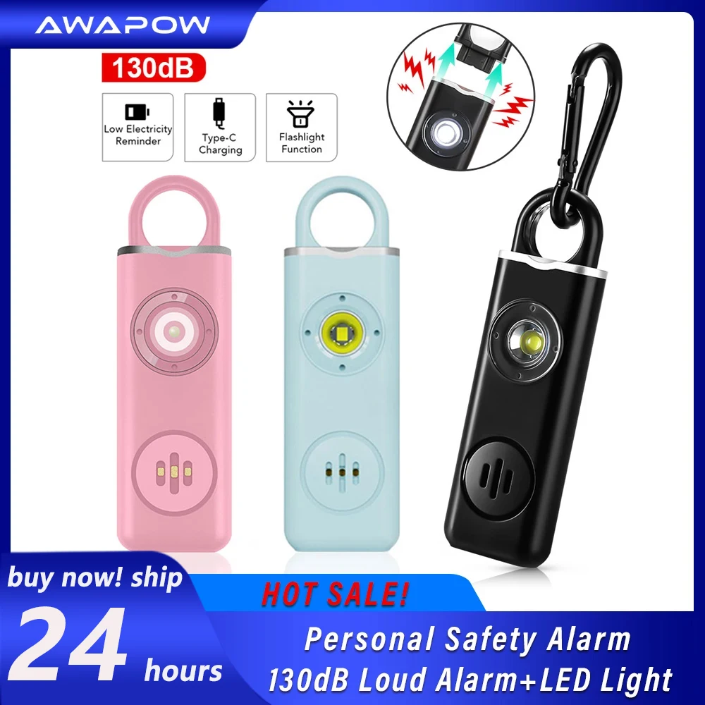 Awapow Personal Defense Alarm 130dB With LED Light Rechargeable Self Defense Woman Safety Alarm Key Chain Emergency Anti-Attack