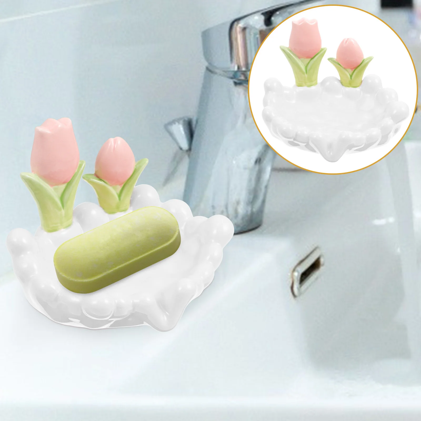 

Decorative Flower Shape Ceramic Soap Dish Self-Draining for Bathroom Kitchen Sink Non-Slip Soap Holder Container