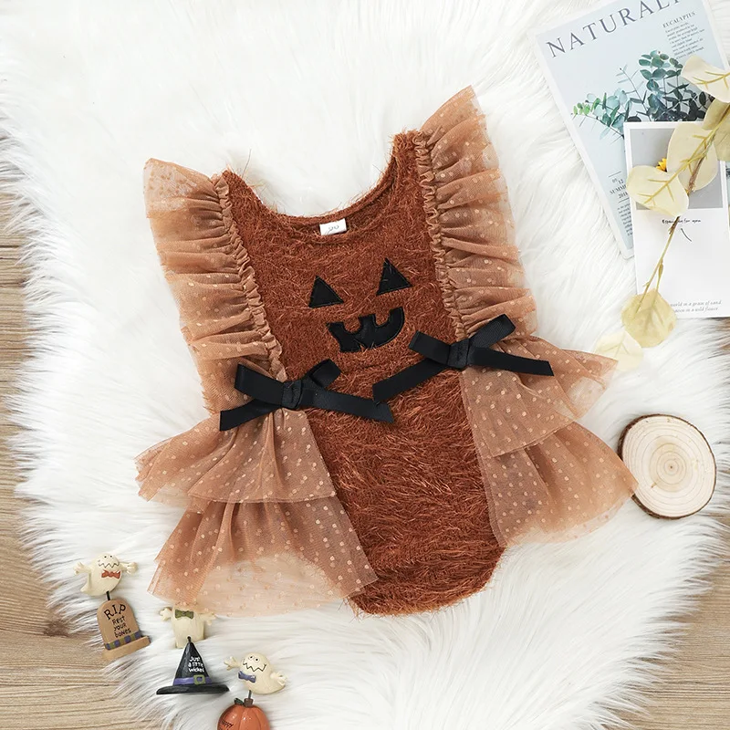 Spring and Autumn New Halloween Newborn Infants and Girls Baby Mesh Skirt with Bow Knot Wrapped Fart Thickened Triangle jumpsuit