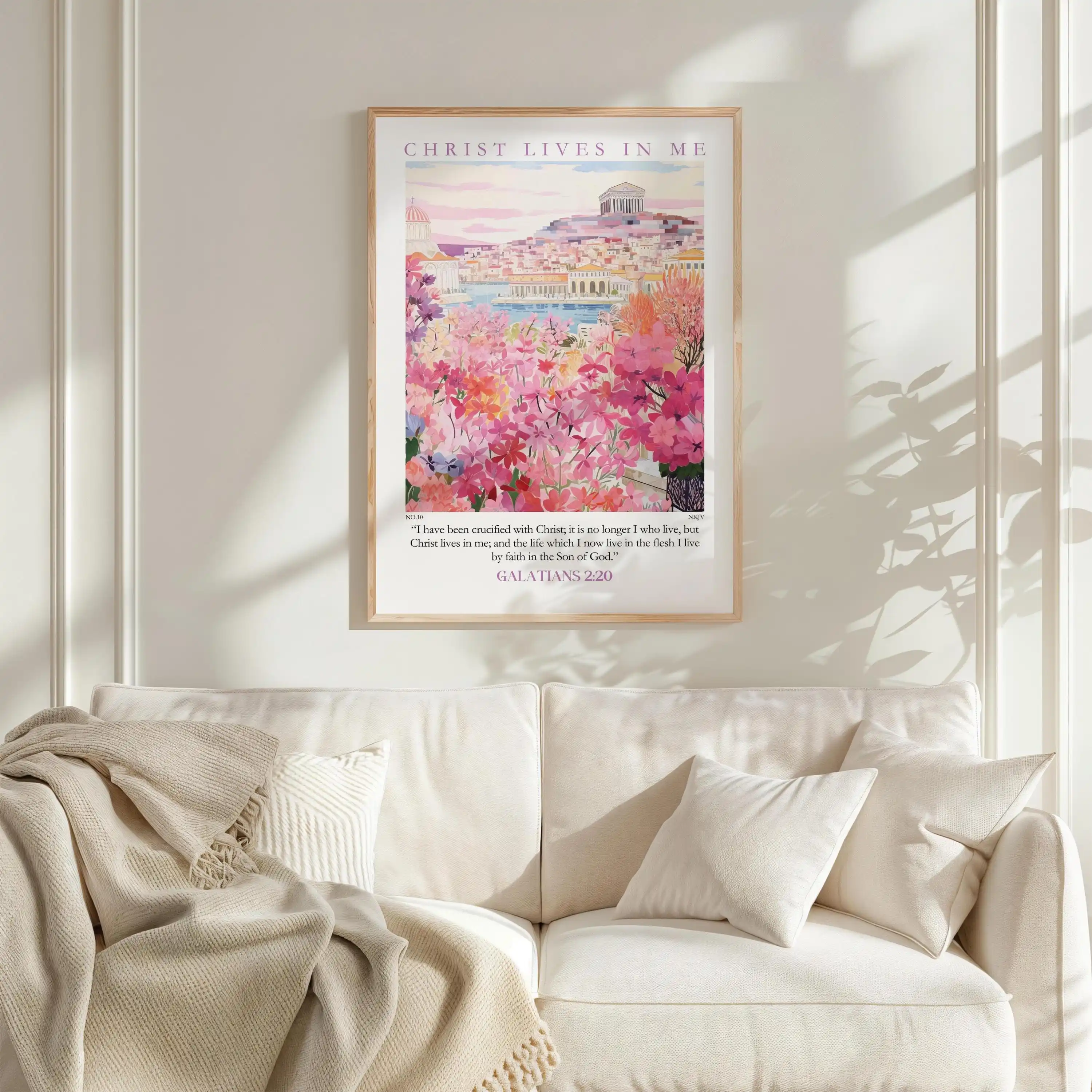 Christian scripture decoration poster featuring the Acropolis of Athens and pink flowers.