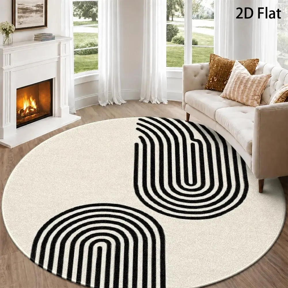 Contemporary Abstract Curve Stripe Circular Area Rug Mid Century Modern Black Cream Print Anti Slip Round Doormat Indoor Home