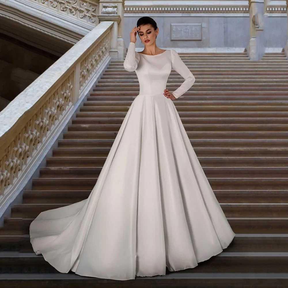 

Simple Muslim Long Sleeves Wedding Dresses 2024 Scoop Neck Bridal Gowns For Bride Buttons Sweep Train A Line Vestido De Novia