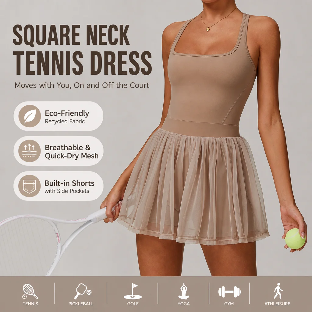 Women's Square Neck Mesh Bubble Tennis Dress - Racerback Skort with Built-in Shorts, Multiple Colors, S-XL