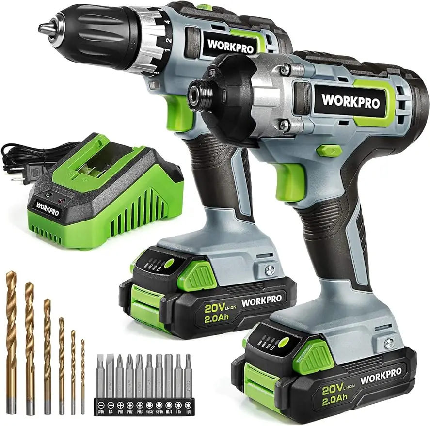 

20V Cordless Drill Combo Kit Drill Driver and Impact Driver with 2x 2.0Ah Batteries and 1 Hour Fast Charger