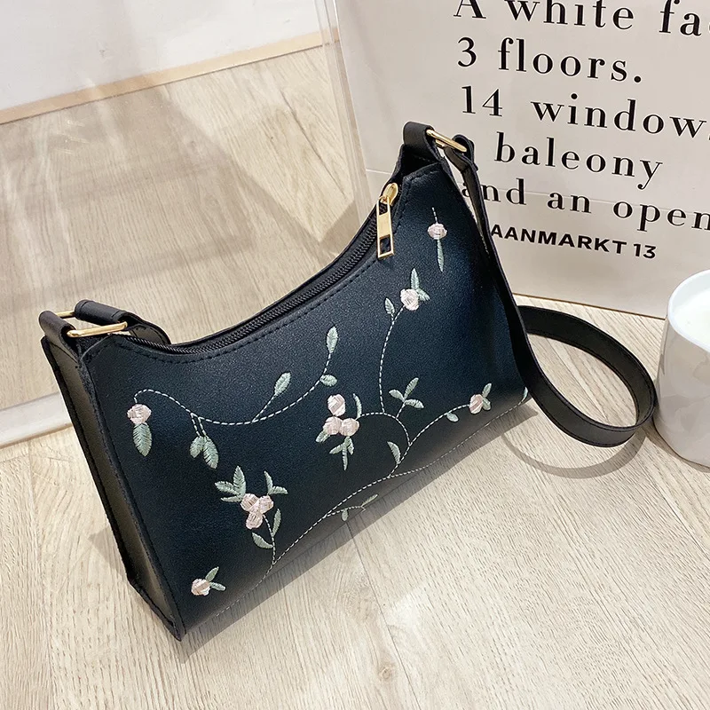 New Fashion Flower Embroidery Underarm Bag Women Mini PU Leather Shoulder Messenger BagsTote Bags Women Phone Bags Handbags