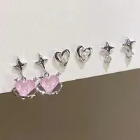 6Pcs/Set Heart Stud Earrings Women's Personality Korean Fashion Y2K Pink Crystal Temperament Star Earrings Piercing for Ears