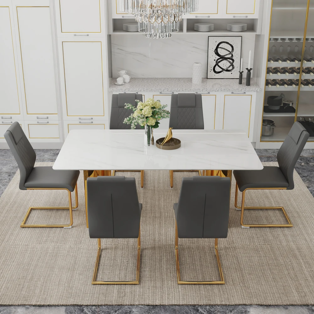 

Table & chair set: glass tabletop (imitation marble), golden steel legs,6PU chairs(metal legs),W1151S01529