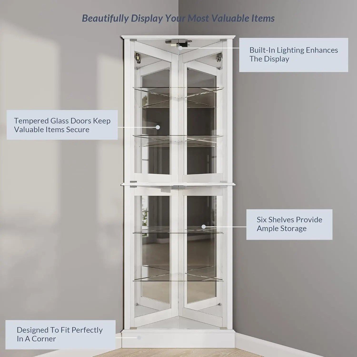 Beleuchteter Akzent Eck vitrine mit Türen und Regalen aus gehärtetem Glas, klassischer Holz schrank mit Glühbirne