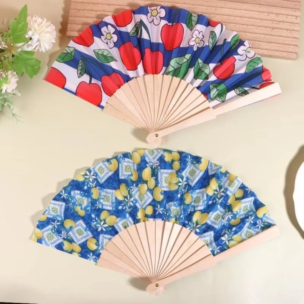 New Portable Folding Hand Fan Lemon Cherry Printed Foldable Bamboo Fan Simple Wooden Handle Fan Party Gifts