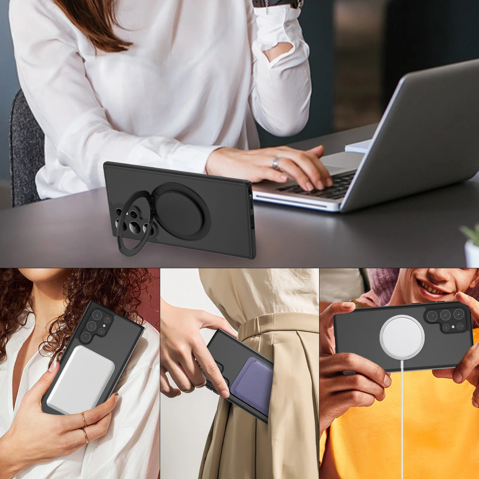 HARUINO Magnetic Case for Samsung S22 ULTRA Cover - Wireless Charger Compatible, Rotatable Ring Holder Stand, Anti Fingerprint