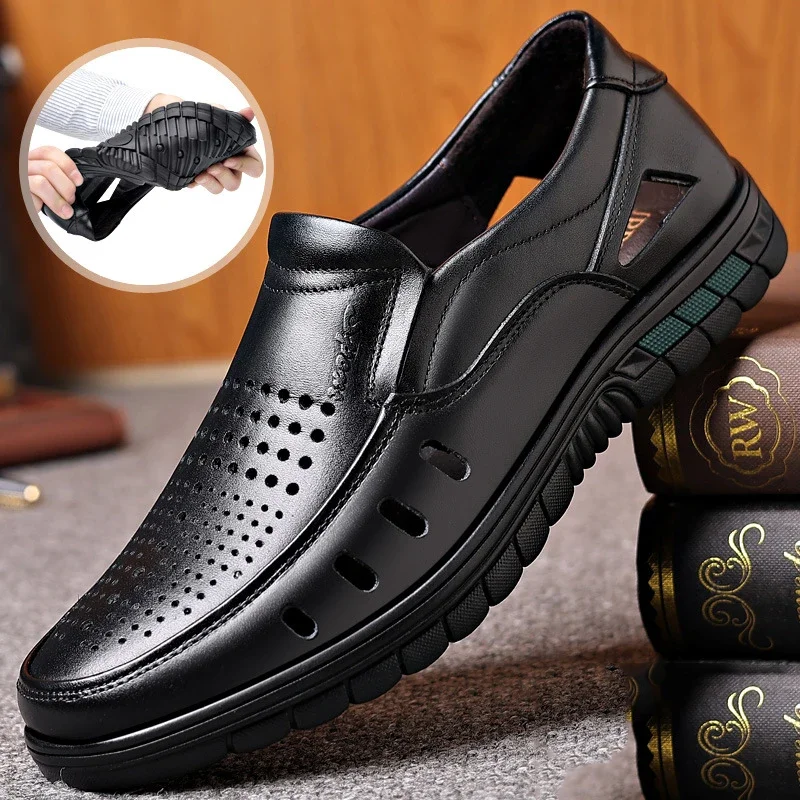 

Men's Genuine Leather Sandals Perforated Shoes Casual Breathable Wear-resistant Anti Slip Cool Trend Business Men's Sports Shoes