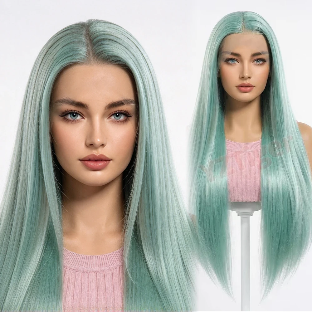 28 Inch Long Straight Synthetic Green Lace Wig Lace Front Wig Natural Heat Resistant Elf Costume Cosplay Halloween Wig for Women