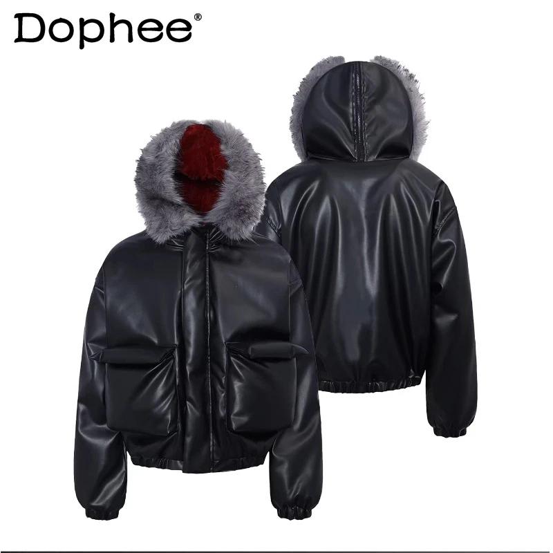 

Men's 2025 Winter New Fleece Lined Motorcycle Faux Leather Jackets Fashion Hooded Large Faux Fur Collar Leather Jacket Parkas