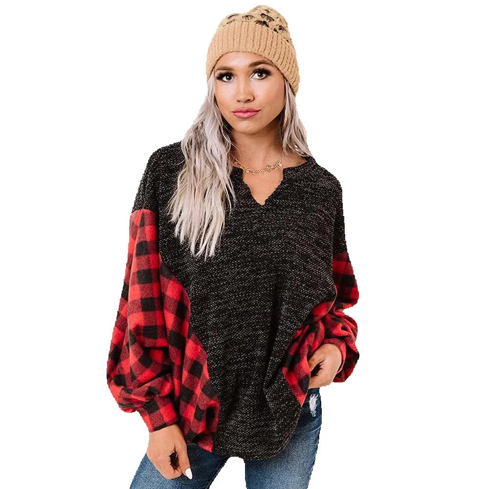 

Shiying Buffalo Plaid Spliced Split Neck Knitted Top Women's Loose Versatile T-Shirt 25116588