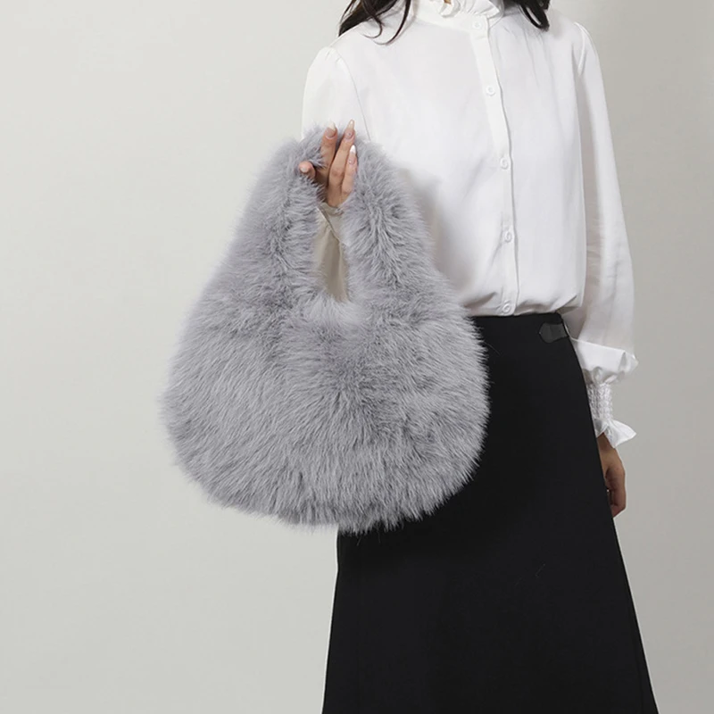 New Fashion Soft Plush Top Handle Bags Women Designer Wrist Knot Fluffy Faux Fur Lady Handbags Luxury Small Tote Female Wallet