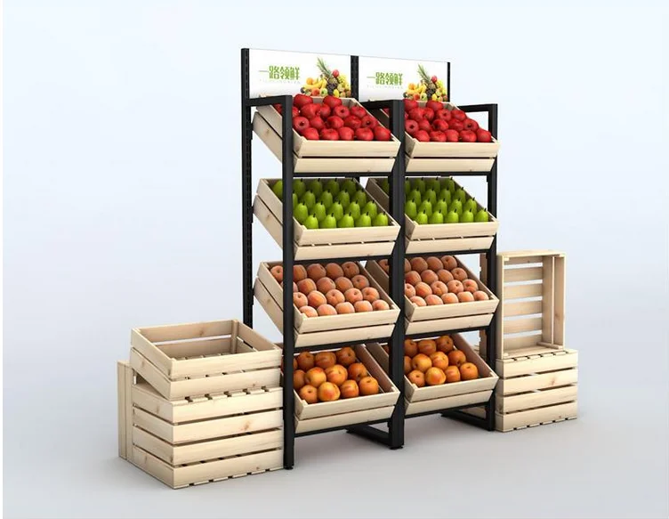 Multi layer solid wood fruit shelf Red wine display shelf Cake shelf Fresh supermarket convenience store shelf