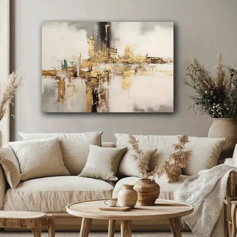 

Large Golden and off-white vertical line wall art Vintage decor hand-painted oil painting On Canvas Modern Apartment Bar Decor