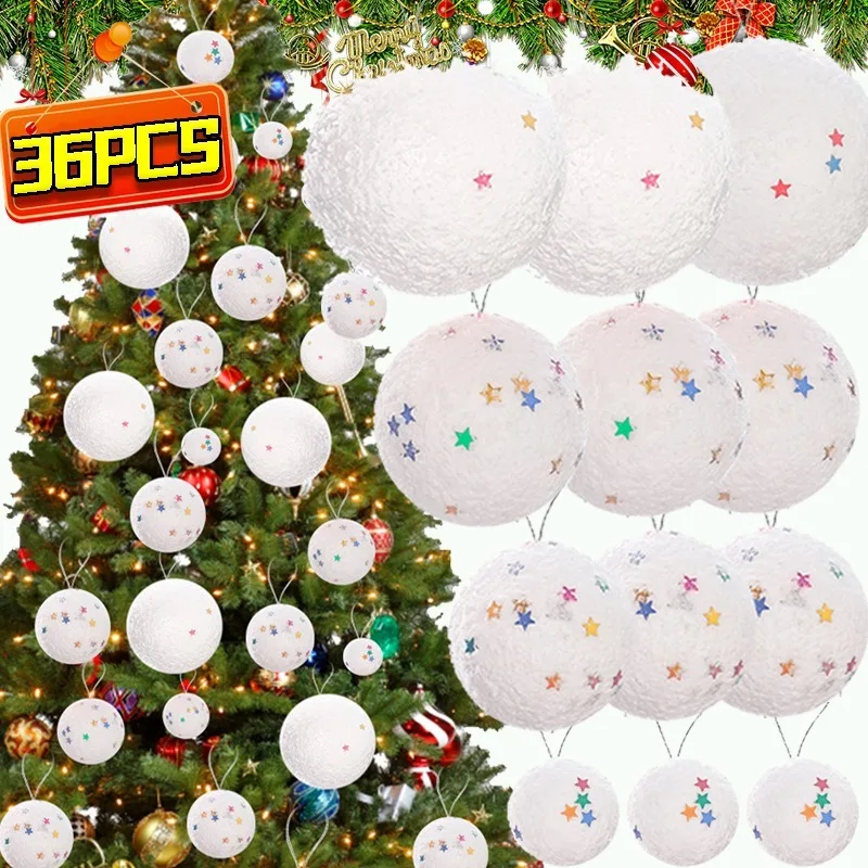 6/36PCS Round Foam Snowballs Christmas White Star Snow Ball Xmas Tree Hanging Pendant Artificial Fake Snow Ball Drop Ornaments