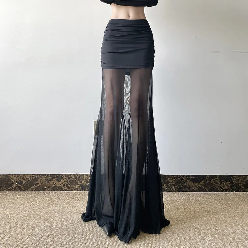 スパイスガール純粋な欲望を表現するハイウエストスリムバッグヒップスカート、女性らしいダークウィンドワイルドメッシュステッチ透け感ドレープスカート。