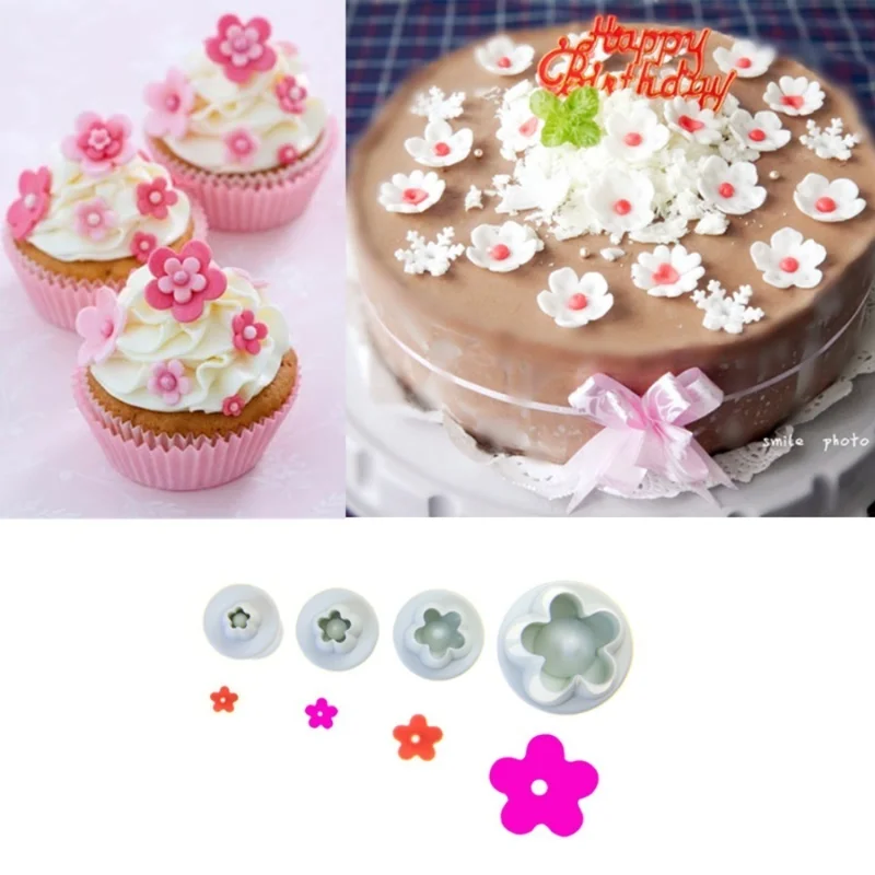 4Pcs Plum Flower Plunger Fondant Cutters Set DIY Christmas Cake Decorating Molds Baking Pastry Tools