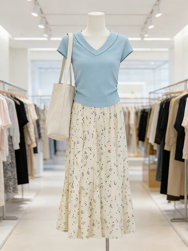 Large Size Summer New Style V-Neck Short Sleeve T-Shirt Floral Halter Skirt Two-Piece Set High Waist Pure Color Commute Style